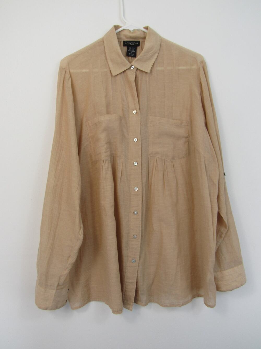 Lord & Taylor 1X Beige Semi Sheer Button Up Blouse Top Tan Roll Tab Sleeves Plus